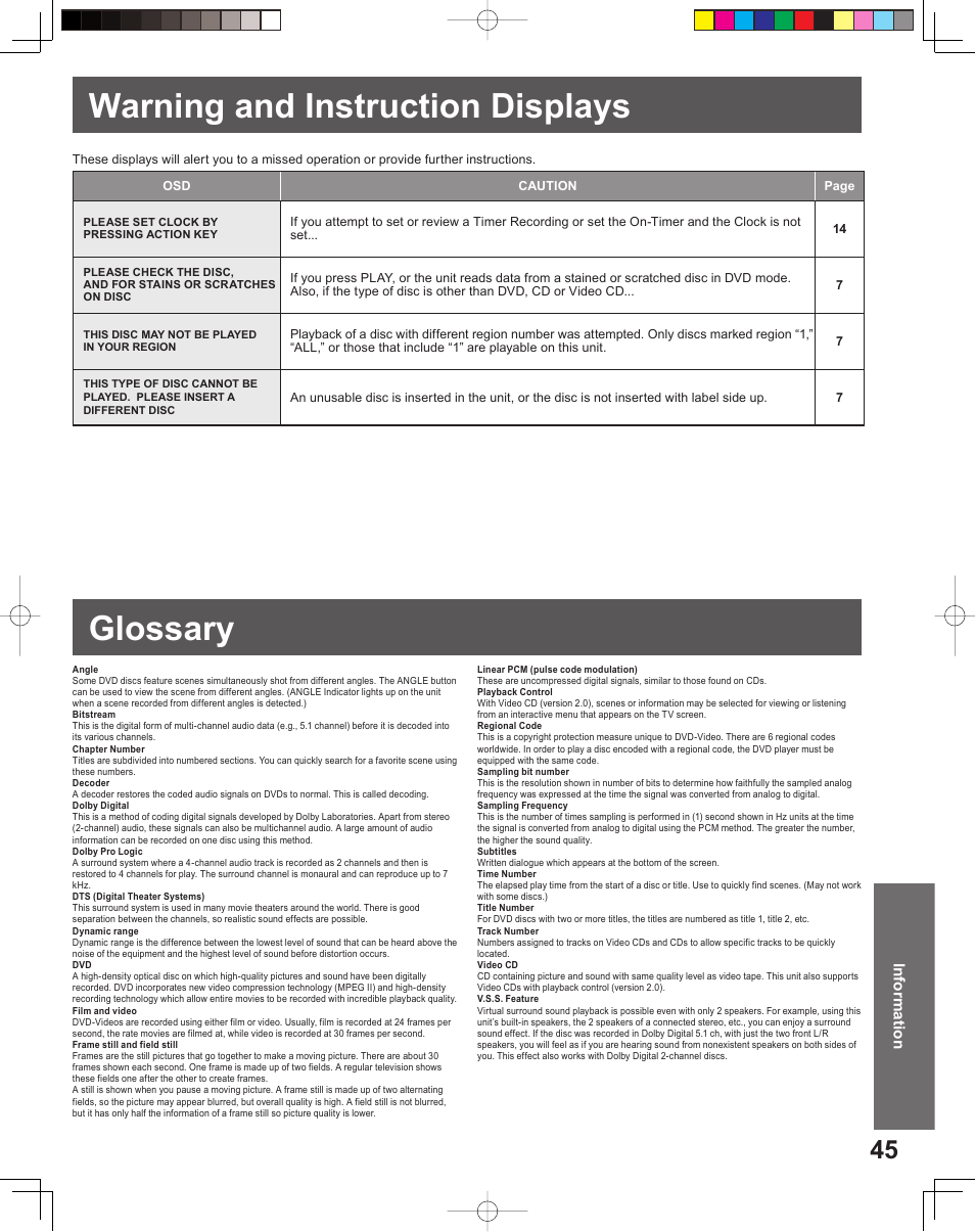 Information, Warning and instruction displays, Glossary | Warning and instruction displays glossary | Panasonic PV 20DF25 User Manual | Page 45 / 56