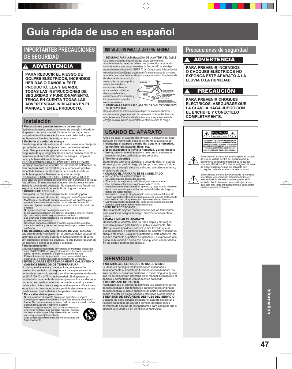 Guia rapida de uso en espanol, Guía rápida de uso en español, Precauciones de seguridad | Importantes precauciones de seguridad, Precaución advertencia advertencia, Information | Panasonic PV 20DF25 User Manual | Page 47 / 56