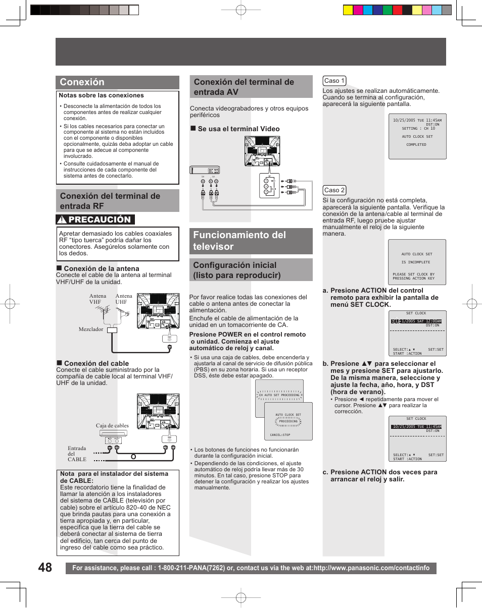 Conexión funcionamiento del televisor, Conexión del terminal de entrada rf, Conexión del terminal de entrada av precaución | Configuración inicial (listo para reproducir) | Panasonic PV 20DF25 User Manual | Page 48 / 56