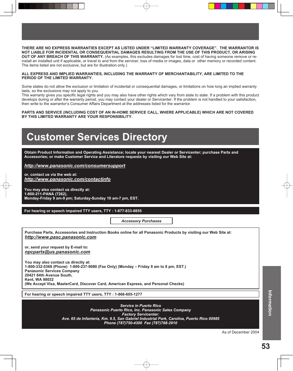 Customer services directory | Panasonic PV 20DF25 User Manual | Page 53 / 56