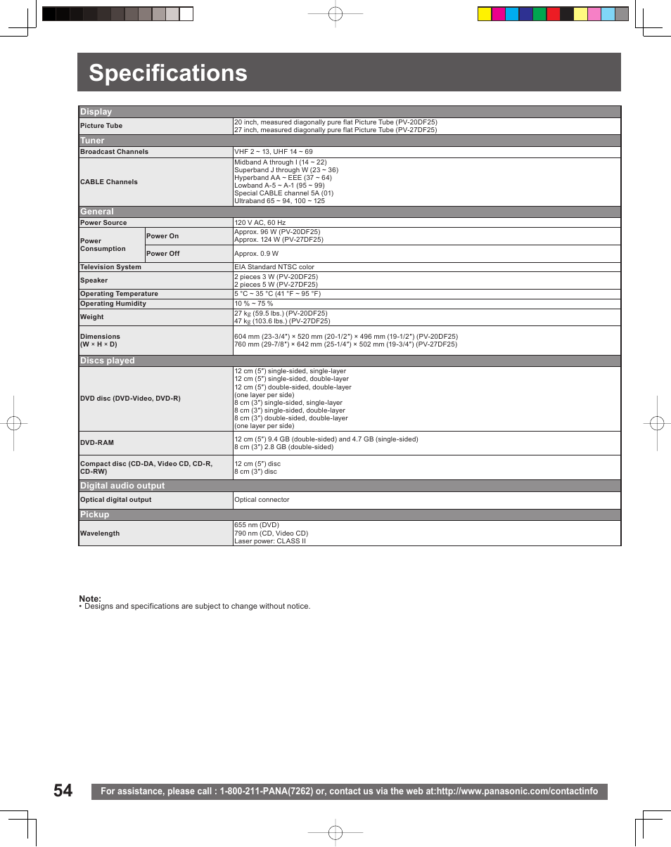 Specifications | Panasonic PV 20DF25 User Manual | Page 54 / 56