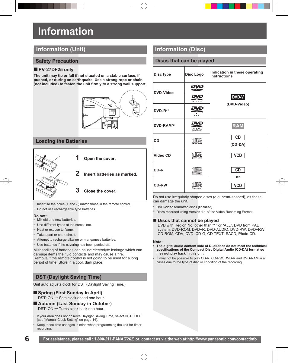 Information, Information (unit), Information (disc) | Panasonic PV 20DF25 User Manual | Page 6 / 56