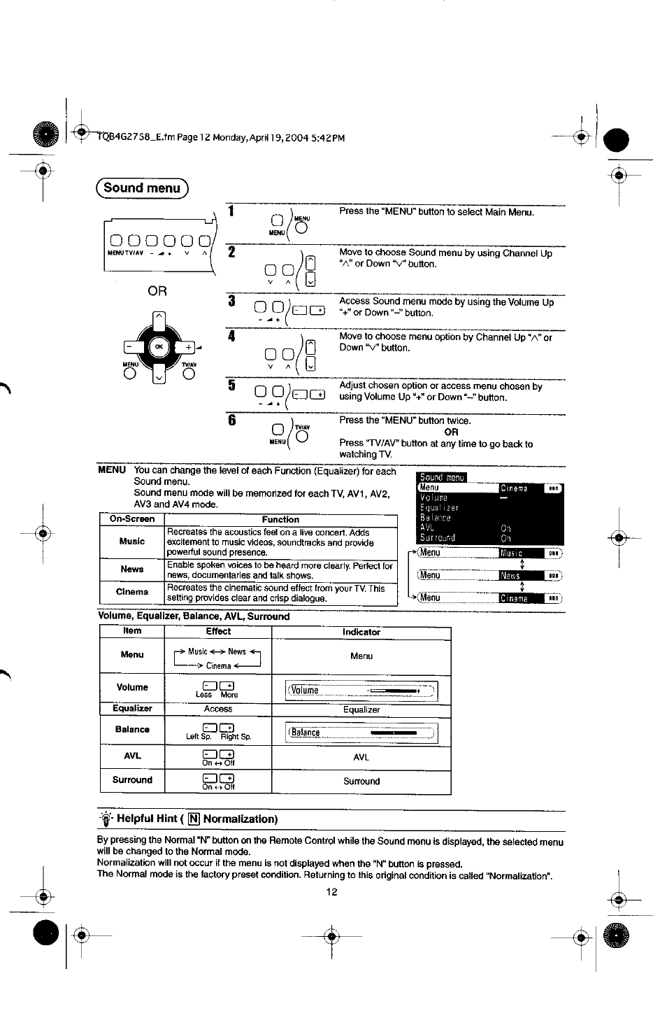 299(’ei, Sound menu | Panasonic TX-29F155A User Manual | Page 12 / 32