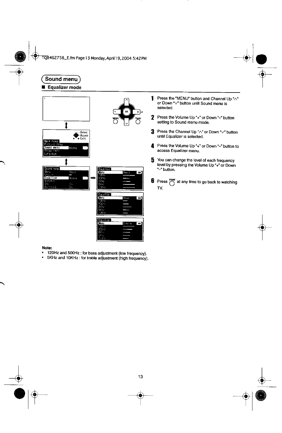 Sound menu | Panasonic TX-29F155A User Manual | Page 13 / 32