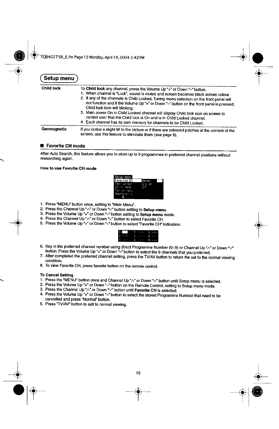 Setup menu ) | Panasonic TX-29F155A User Manual | Page 15 / 32