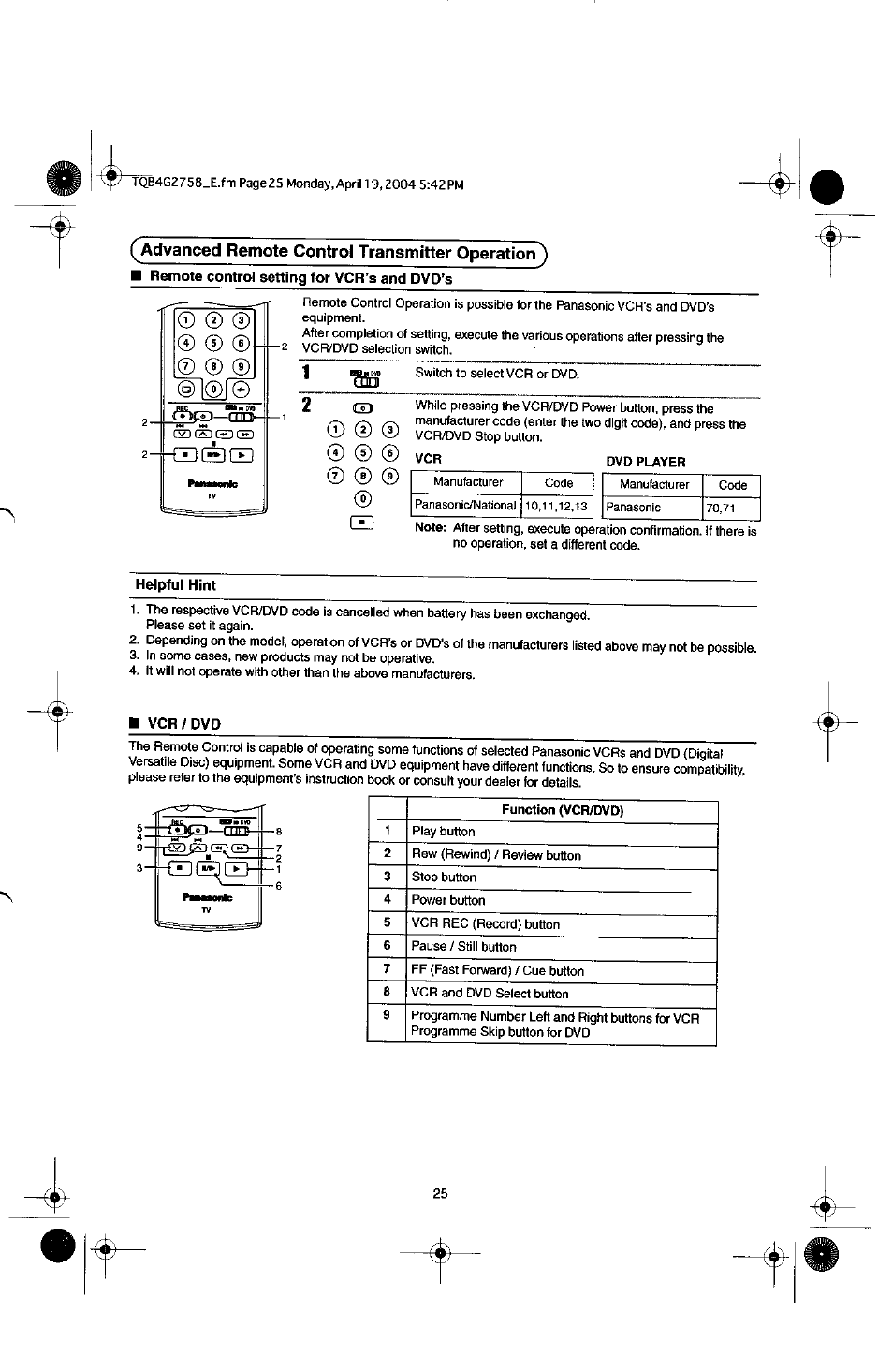 Advanced remote control transmitter operation | Panasonic TX-29F155A User Manual | Page 25 / 32