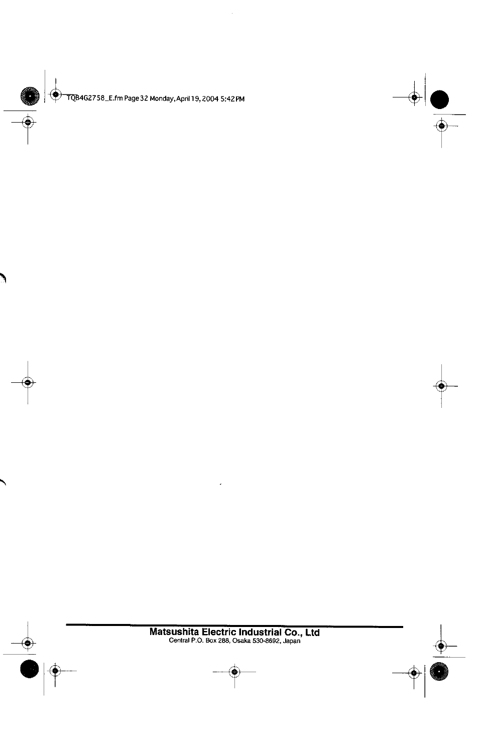 Matsushita electric industrial co., ltd | Panasonic TX-29F155A User Manual | Page 32 / 32