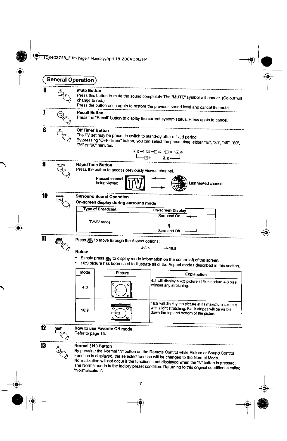 General operation), It 13 | Panasonic TX-29F155A User Manual | Page 7 / 32