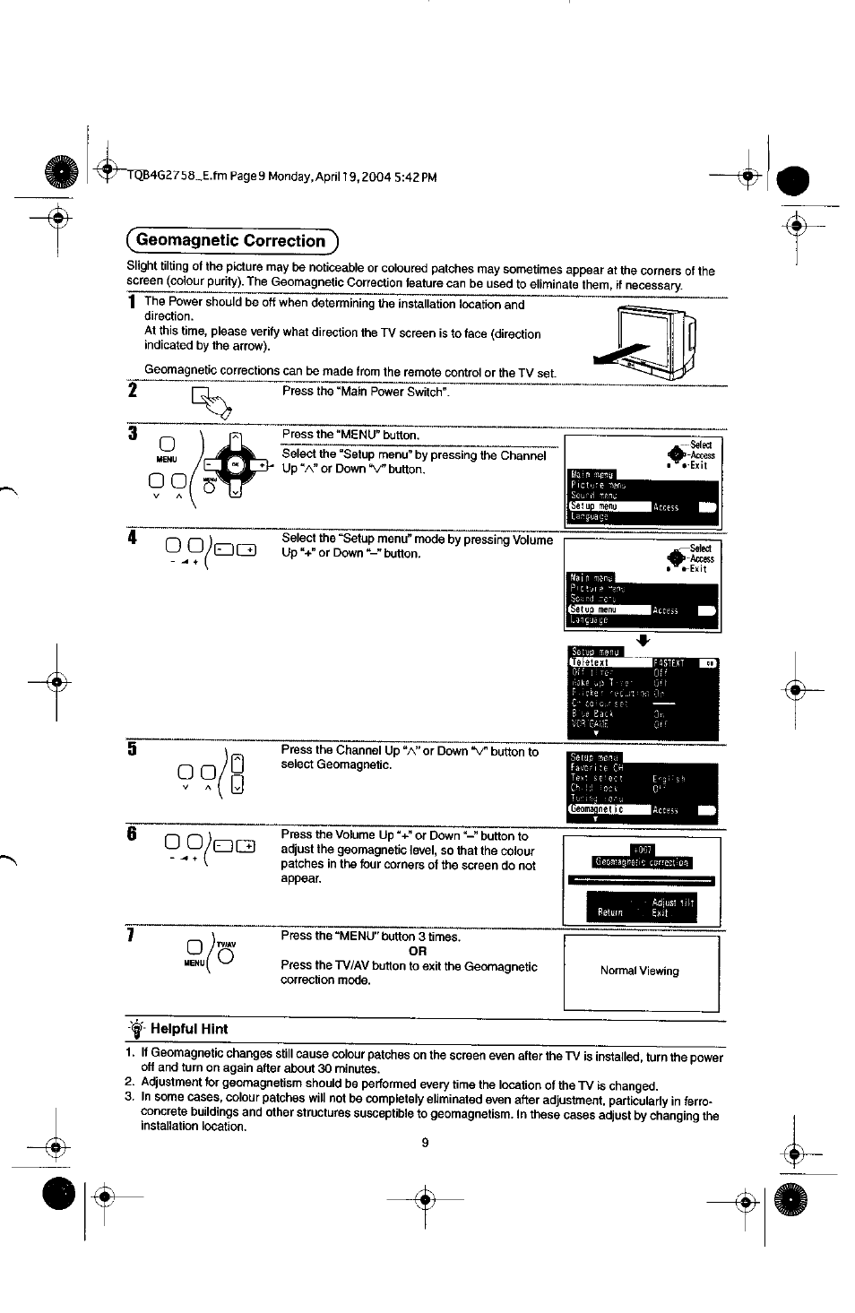Geomagnetic correction ), W (geomagnetic correction ), 0^ac3 | Panasonic TX-29F155A User Manual | Page 9 / 32