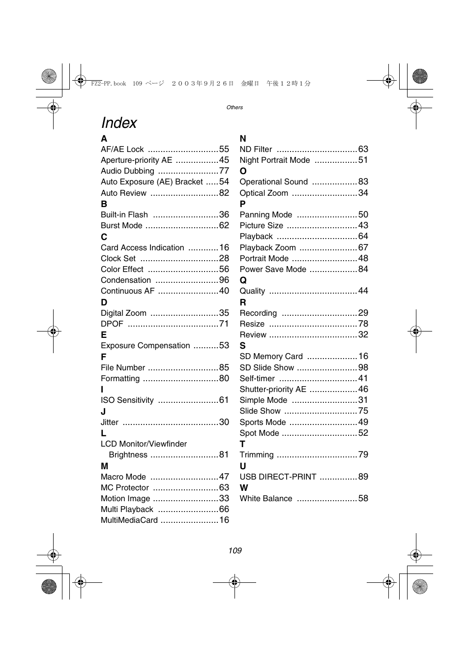 Index | Panasonic DMC-FZ2PP User Manual | Page 109 / 112