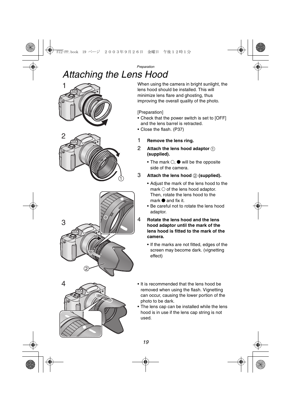 Attaching the lens hood | Panasonic DMC-FZ2PP User Manual | Page 19 / 112