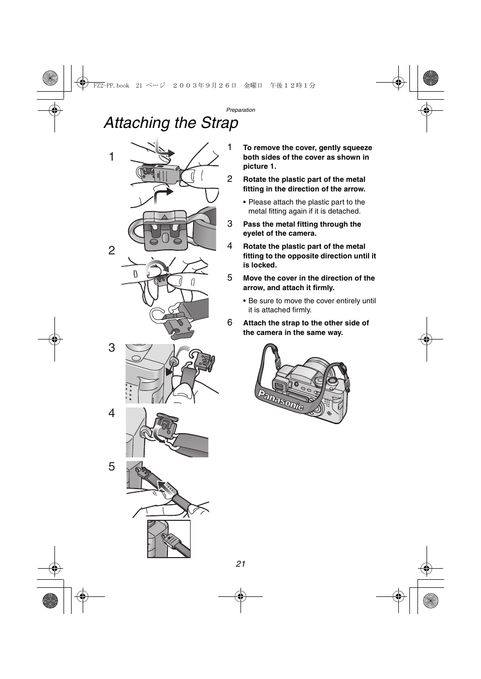 Attaching the strap | Panasonic DMC-FZ2PP User Manual | Page 21 / 112