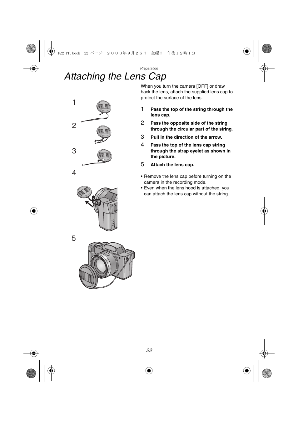 Attaching the lens cap | Panasonic DMC-FZ2PP User Manual | Page 22 / 112