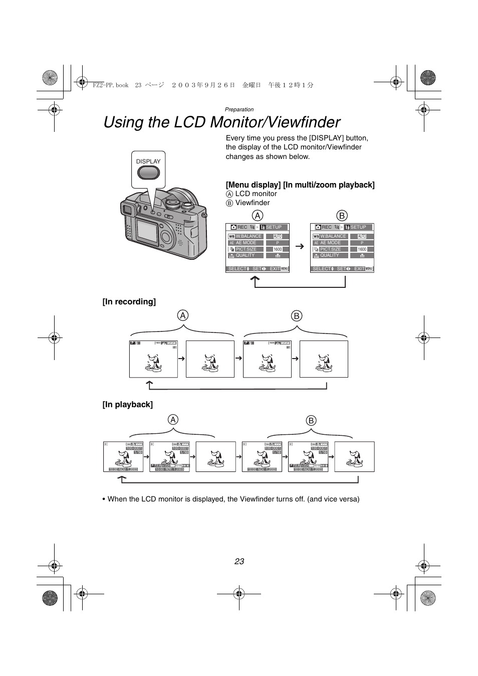 Using the lcd monitor/viewfinder, Menu display] [in multi/zoom playback, A lcd monitor b viewfinder | Panasonic DMC-FZ2PP User Manual | Page 23 / 112