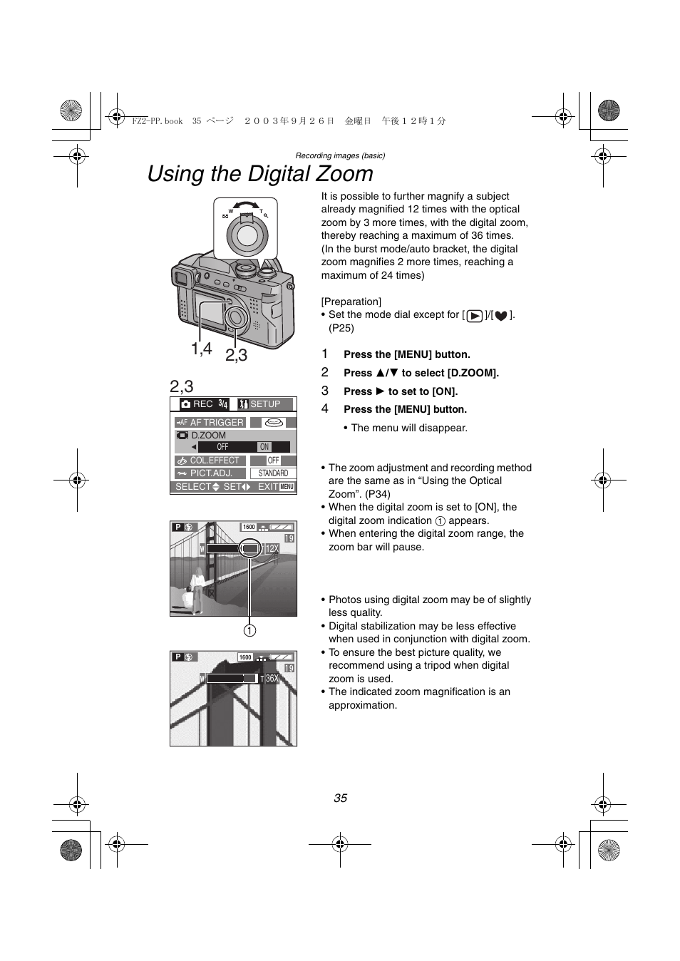 Using the digital zoom | Panasonic DMC-FZ2PP User Manual | Page 35 / 112