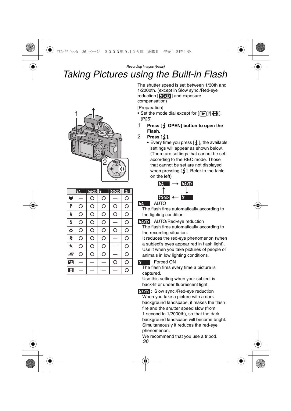 Taking pictures using the built-in flash | Panasonic DMC-FZ2PP User Manual | Page 36 / 112