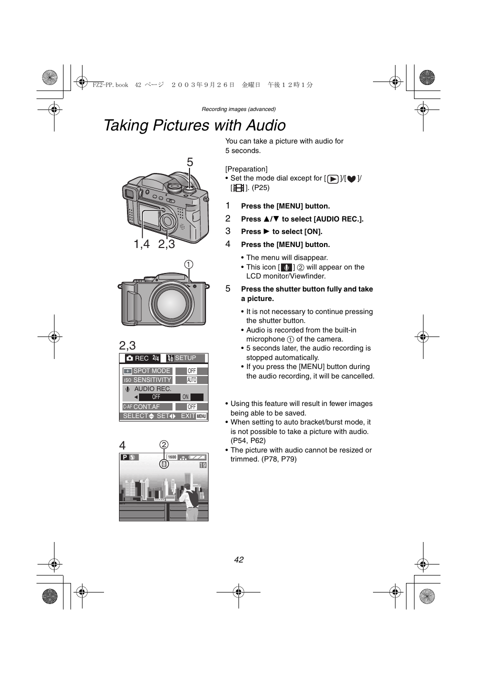 Taking pictures with audio | Panasonic DMC-FZ2PP User Manual | Page 42 / 112
