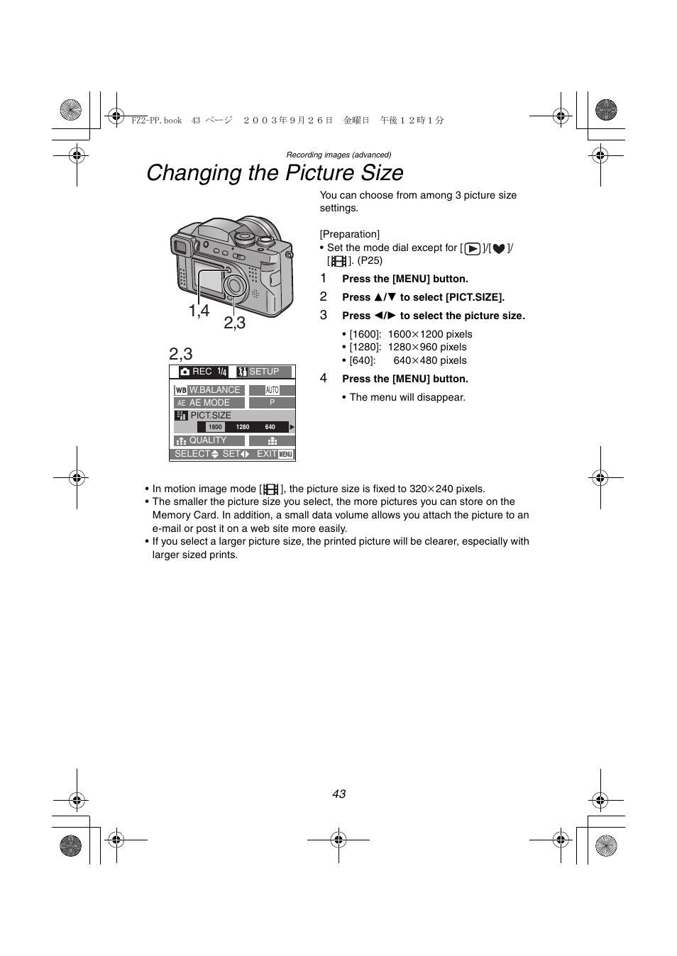 Changing the picture size | Panasonic DMC-FZ2PP User Manual | Page 43 / 112