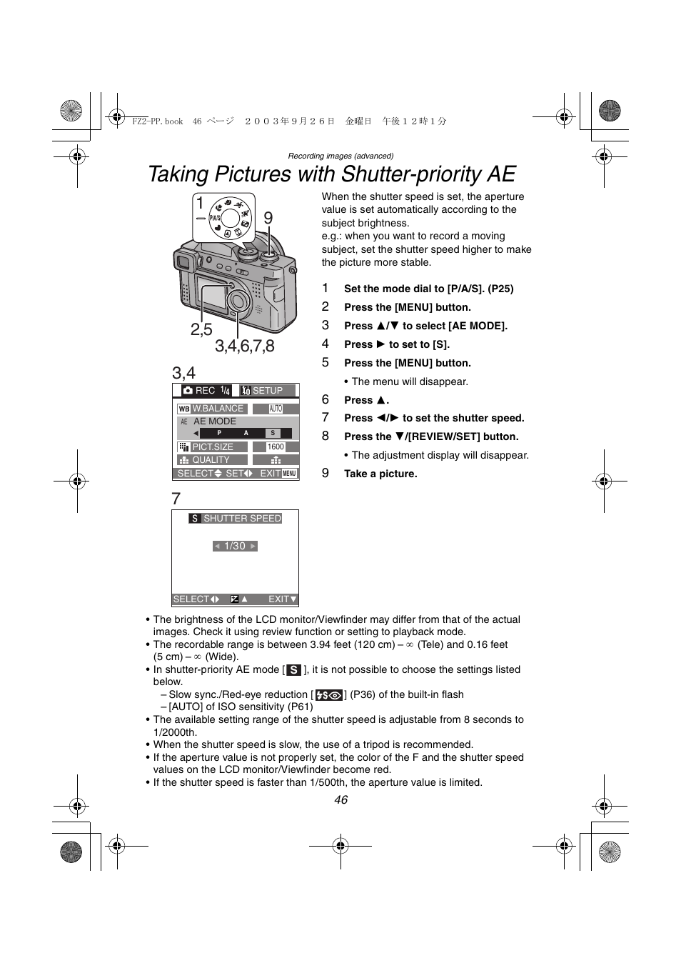 Taking pictures with shutter-priority ae | Panasonic DMC-FZ2PP User Manual | Page 46 / 112