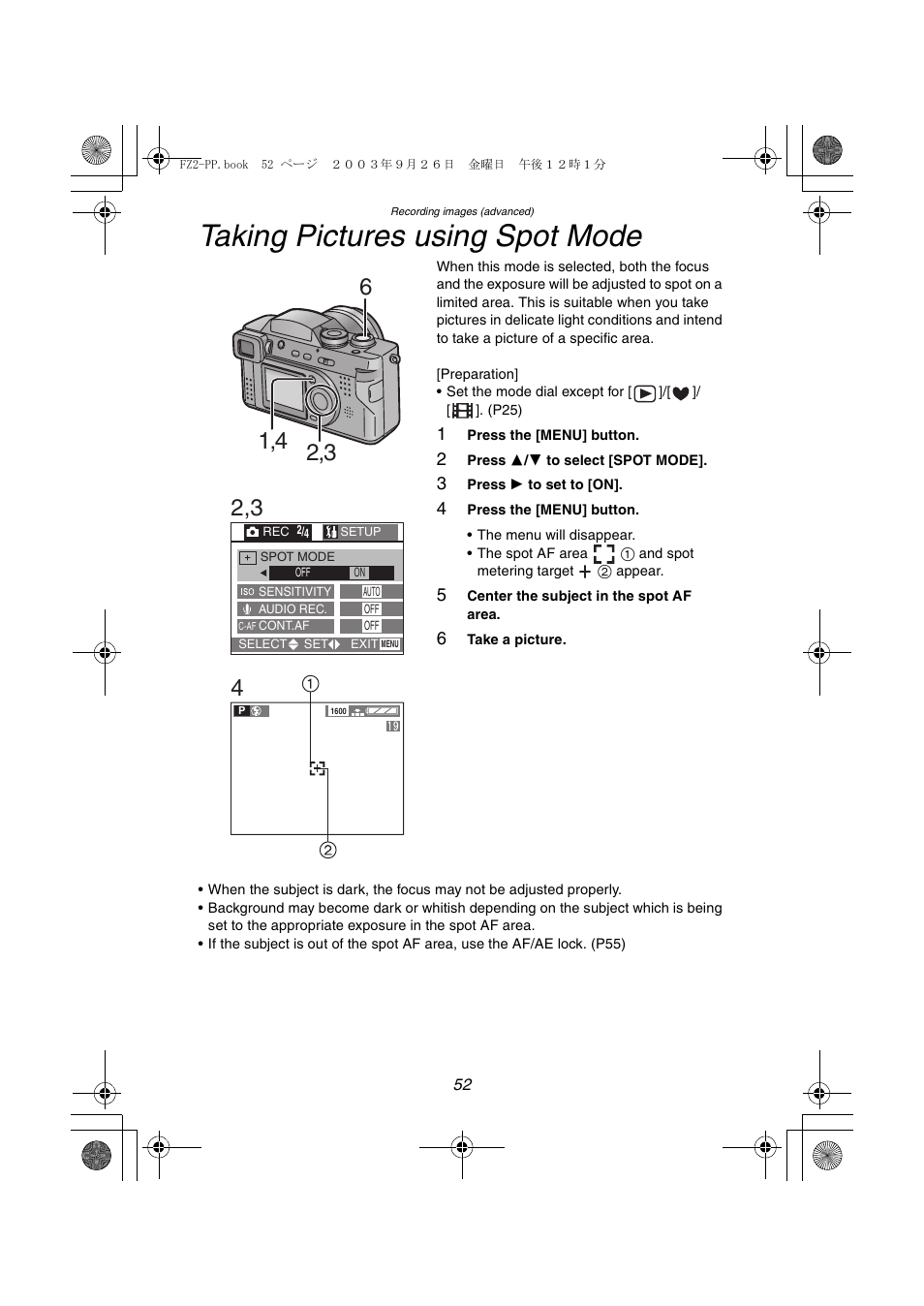 Taking pictures using spot mode | Panasonic DMC-FZ2PP User Manual | Page 52 / 112