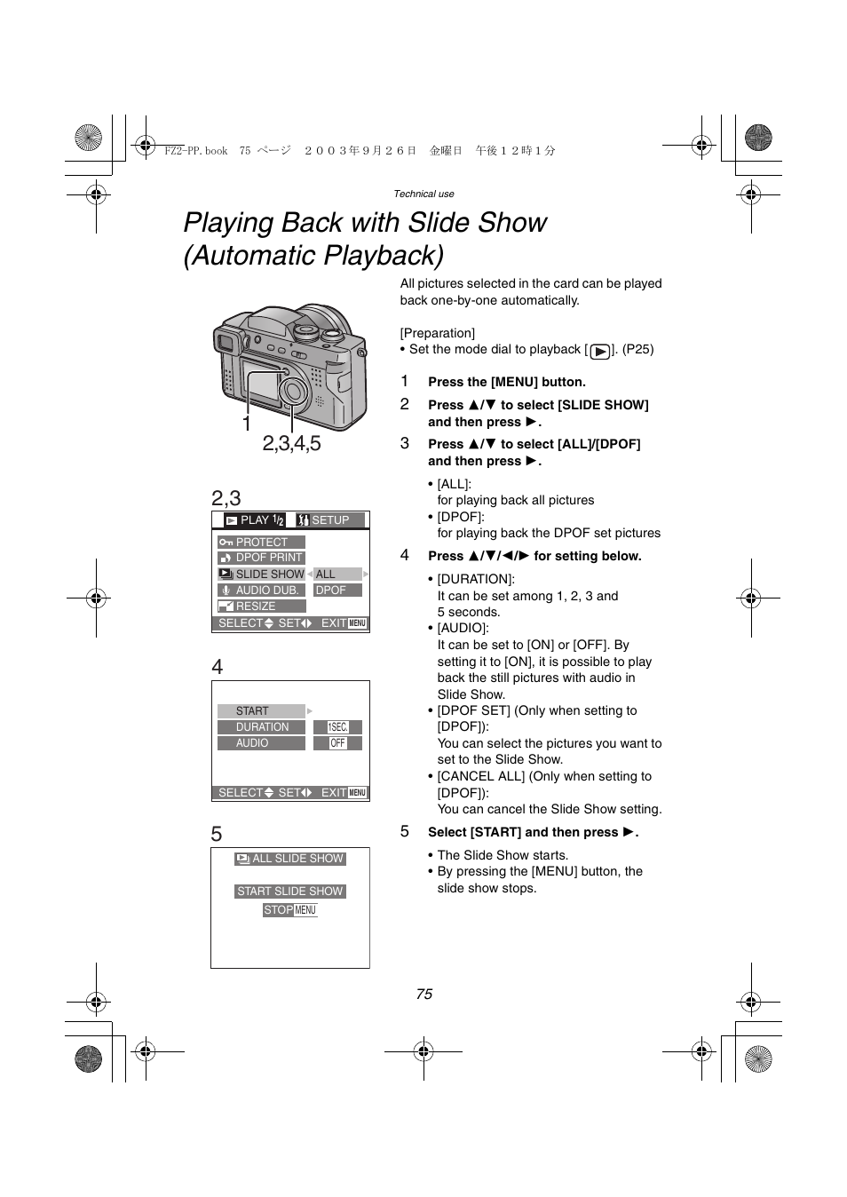 Playing back with slide show (automatic playback) | Panasonic DMC-FZ2PP User Manual | Page 75 / 112