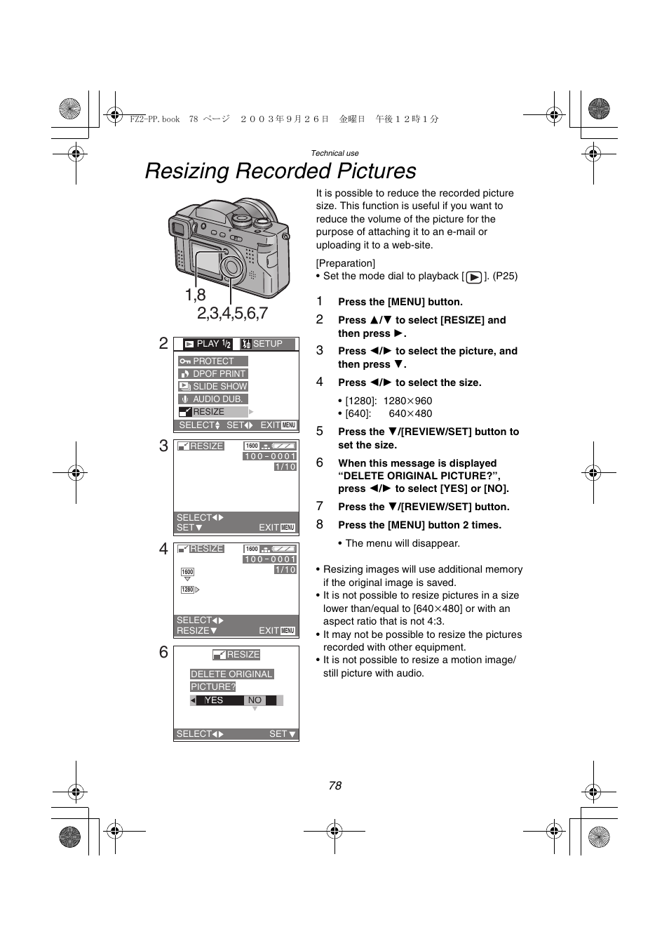 Resizing recorded pictures | Panasonic DMC-FZ2PP User Manual | Page 78 / 112
