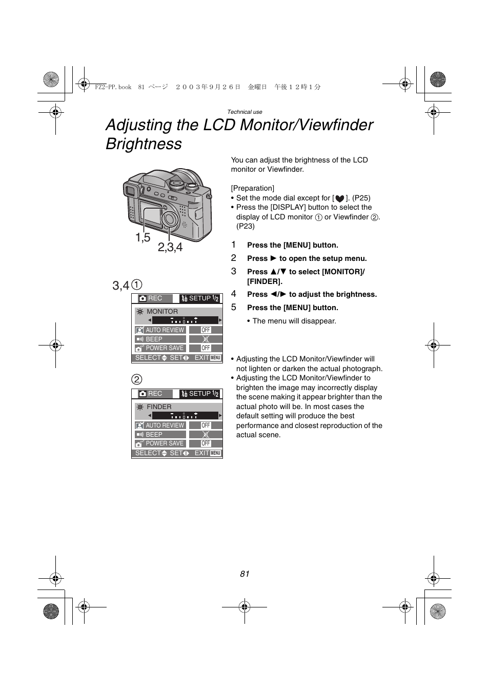 Adjusting the lcd monitor/viewfinder brightness | Panasonic DMC-FZ2PP User Manual | Page 81 / 112