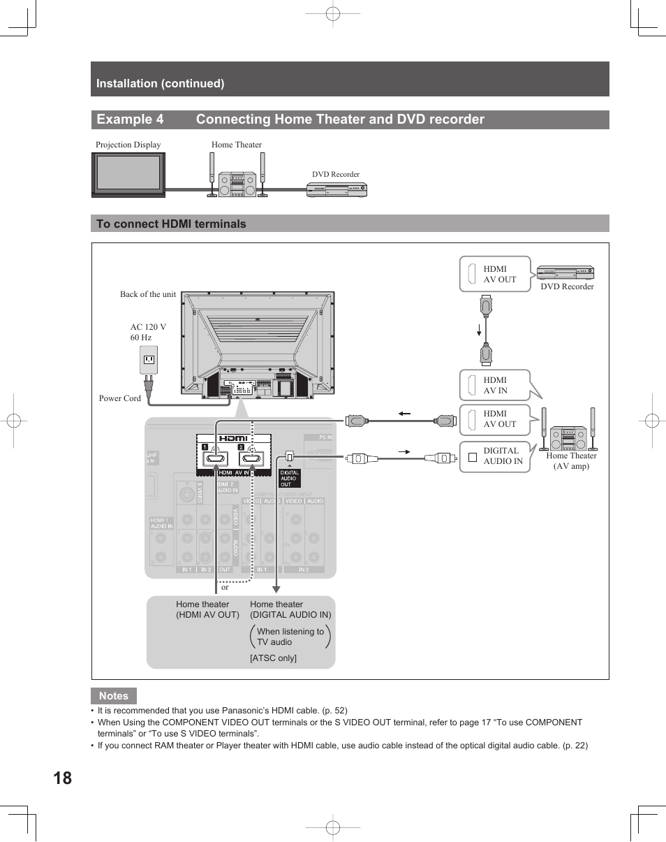 Example 4 connecting home theater and dvd recorder | Panasonic LIFI PT-61LCX70 User Manual | Page 18 / 64