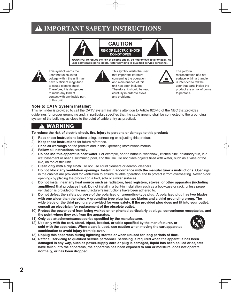 Important safety instructions, Caution, Warning | Panasonic LIFI PT-61LCX70 User Manual | Page 2 / 64