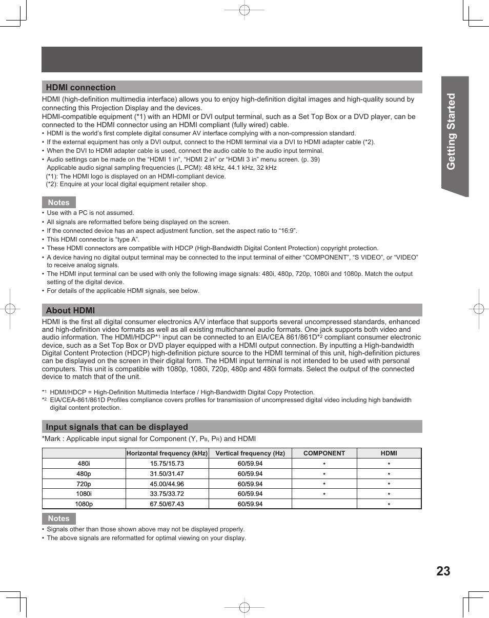 Getting start ed, Hdmi connection, About hdmi | Input signals that can be displayed | Panasonic LIFI PT-61LCX70 User Manual | Page 23 / 64