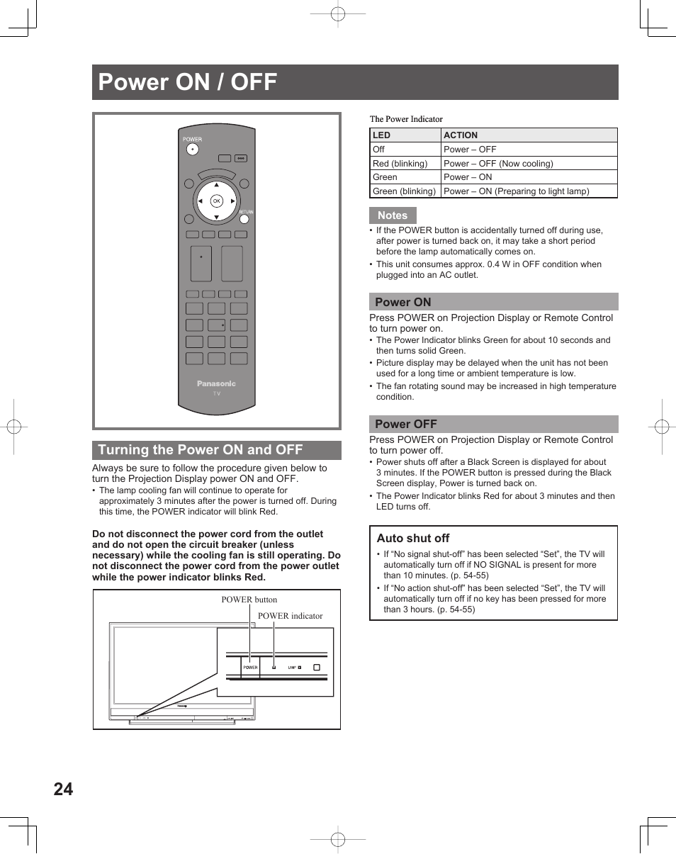 Power on / off, Turning the power on and off | Panasonic LIFI PT-61LCX70 User Manual | Page 24 / 64