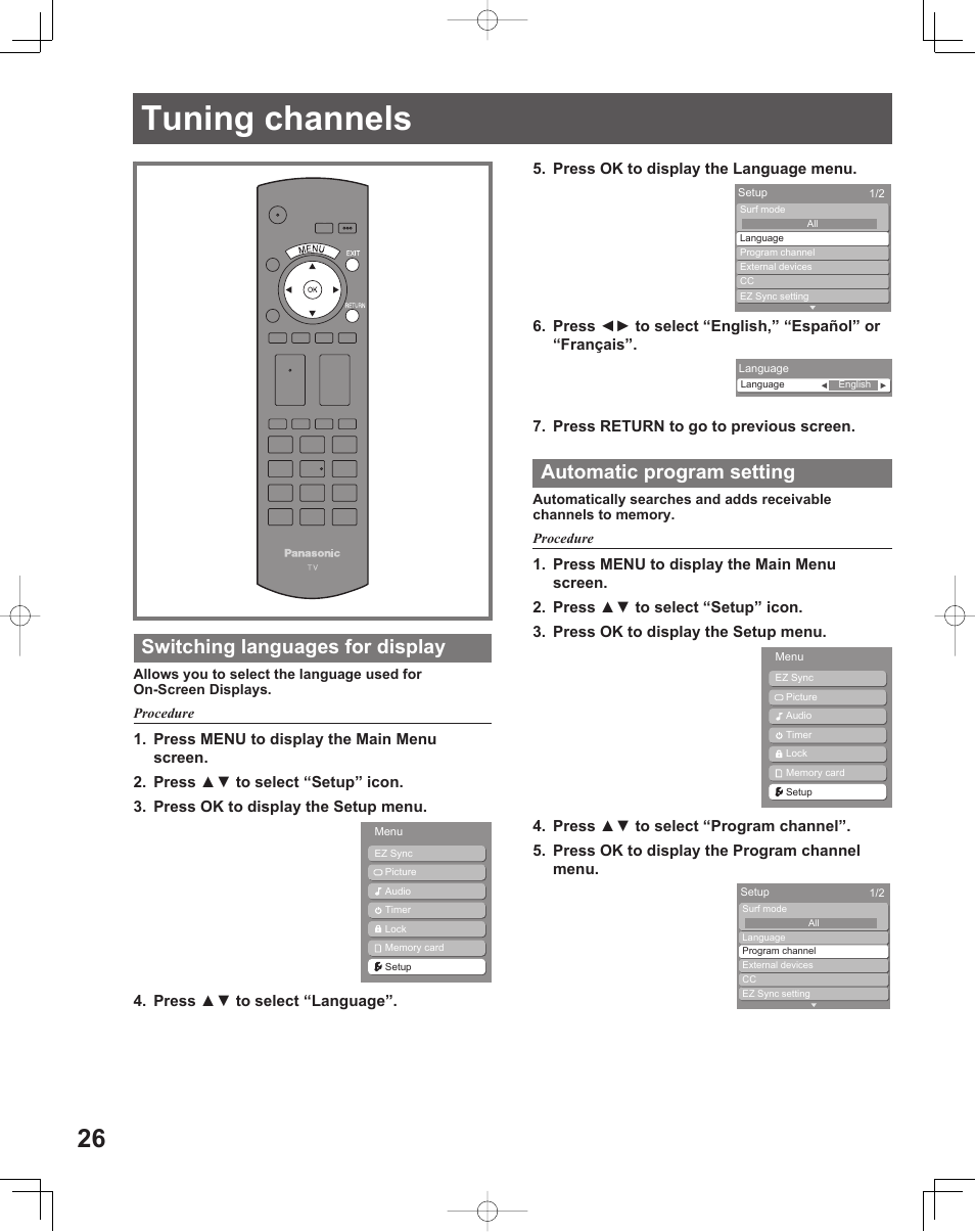 Tuning channels, Switching languages for display, Automatic program setting | Panasonic LIFI PT-61LCX70 User Manual | Page 26 / 64