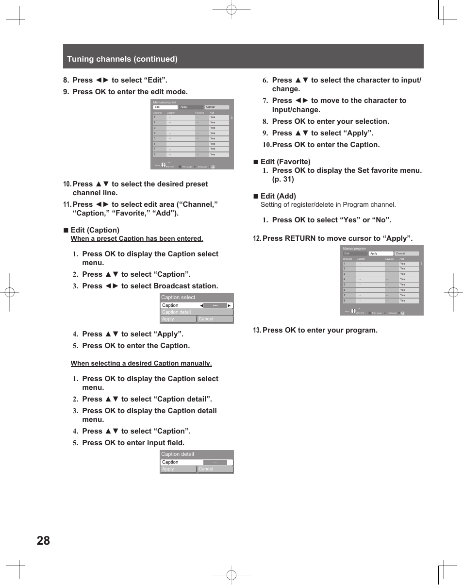 Tuning channels (continued), When a preset caption has been entered, When selecting a desired caption manually | Setting of register/delete in program channel, Caption select, Caption detail | Panasonic LIFI PT-61LCX70 User Manual | Page 28 / 64