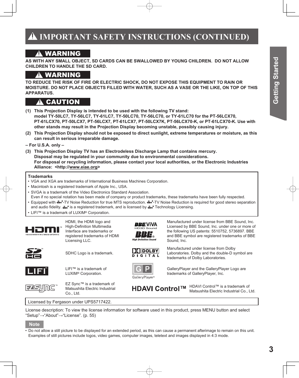 Important safety instructions (continued), Getting start ed, Caution | Warning | Panasonic LIFI PT-61LCX70 User Manual | Page 3 / 64