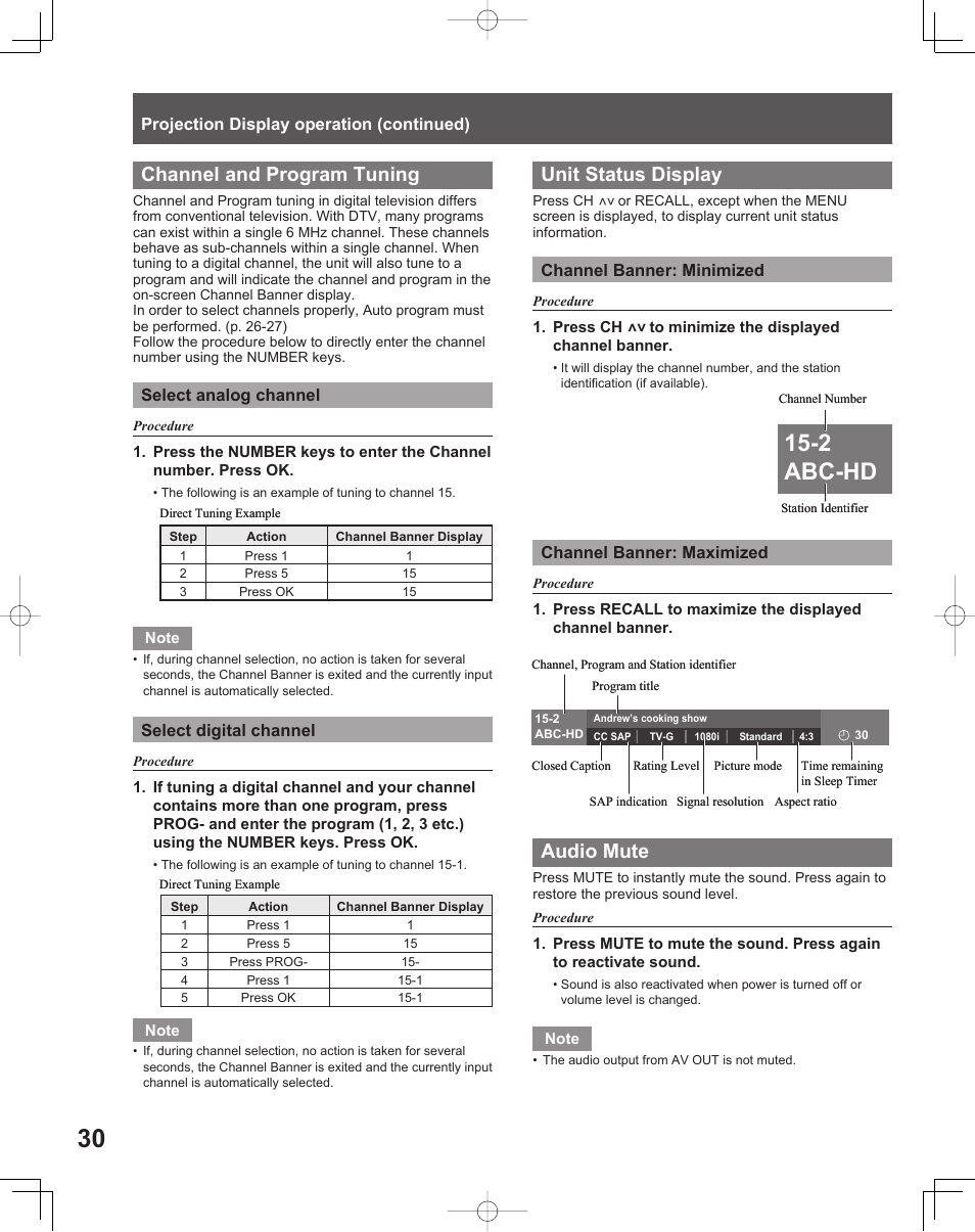 2 abc-hd, Channel and program tuning, Unit status display | Audio mute | Panasonic LIFI PT-61LCX70 User Manual | Page 30 / 64