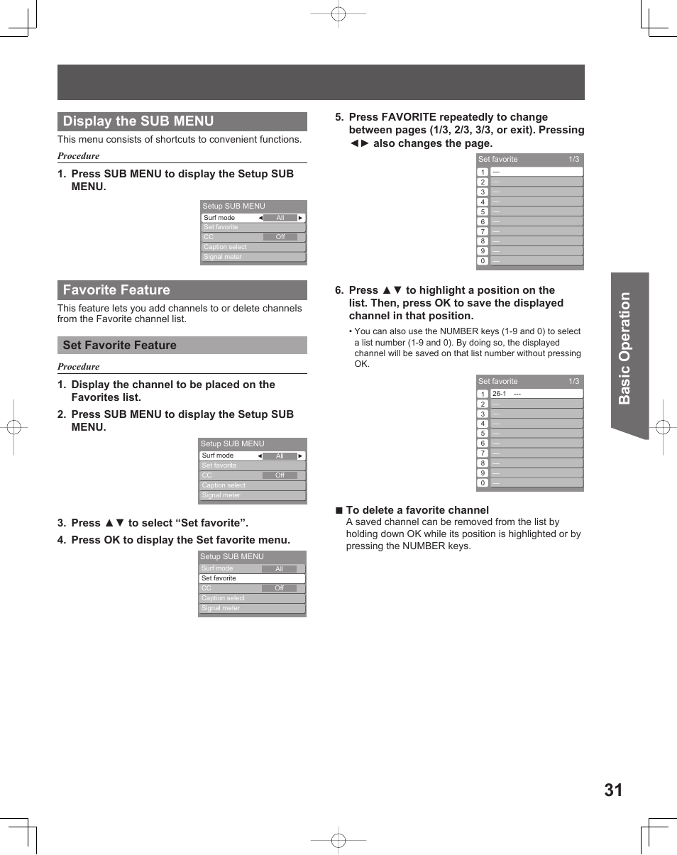 Basic operation, Display the sub menu, Favorite feature | Set favorite feature, Press sub menu to display the setup sub menu | Panasonic LIFI PT-61LCX70 User Manual | Page 31 / 64