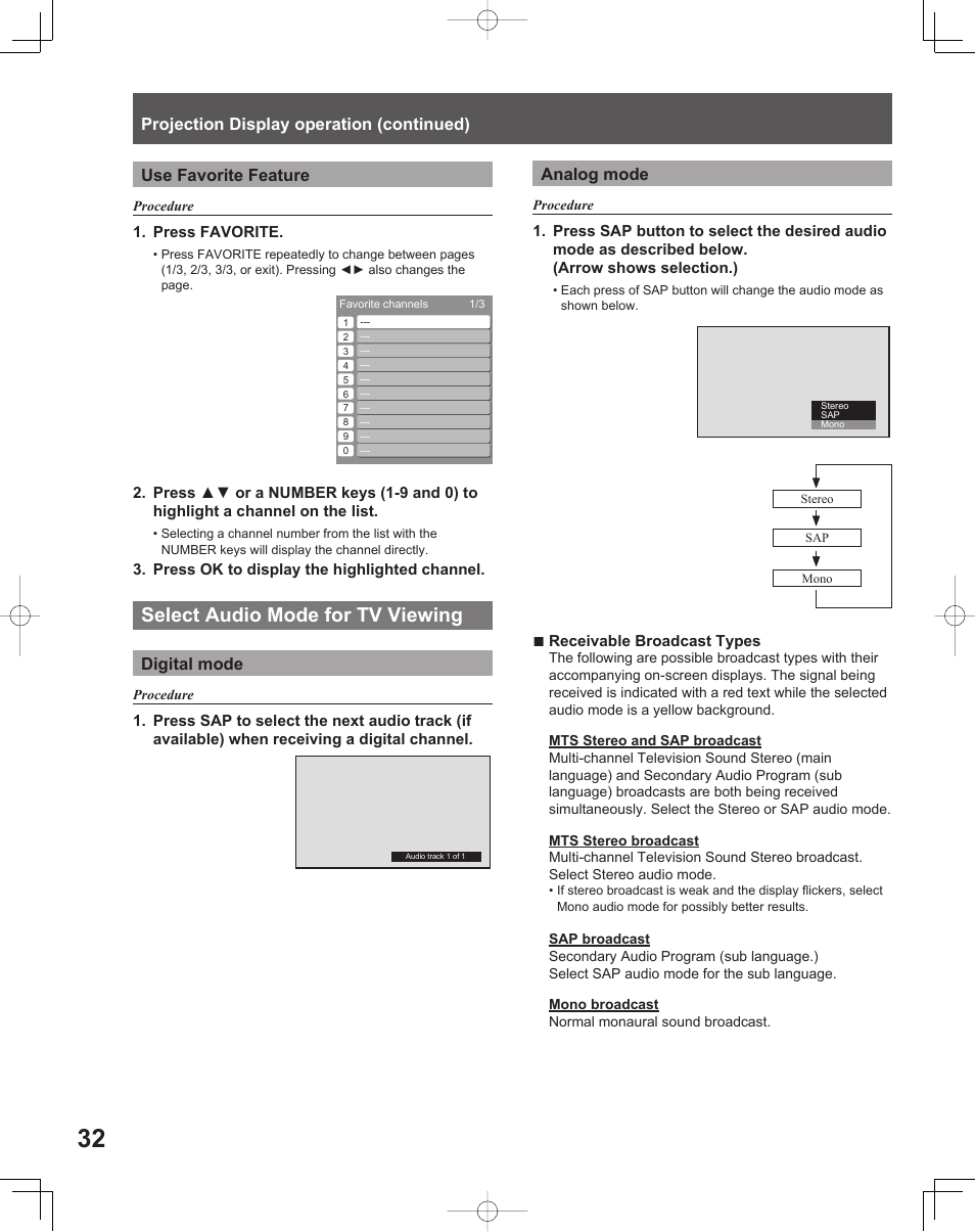 Select audio mode for tv viewing, Analog mode, Use favorite feature | Digital mode, Projection display operation (continued) | Panasonic LIFI PT-61LCX70 User Manual | Page 32 / 64