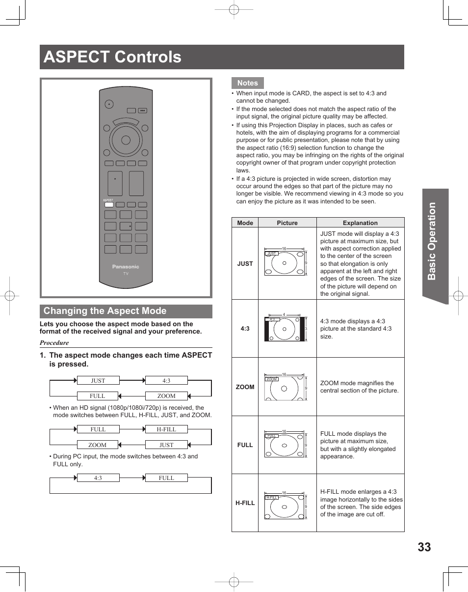 Aspect con trols, Basic operation, Changing the aspect mode | Panasonic LIFI PT-61LCX70 User Manual | Page 33 / 64