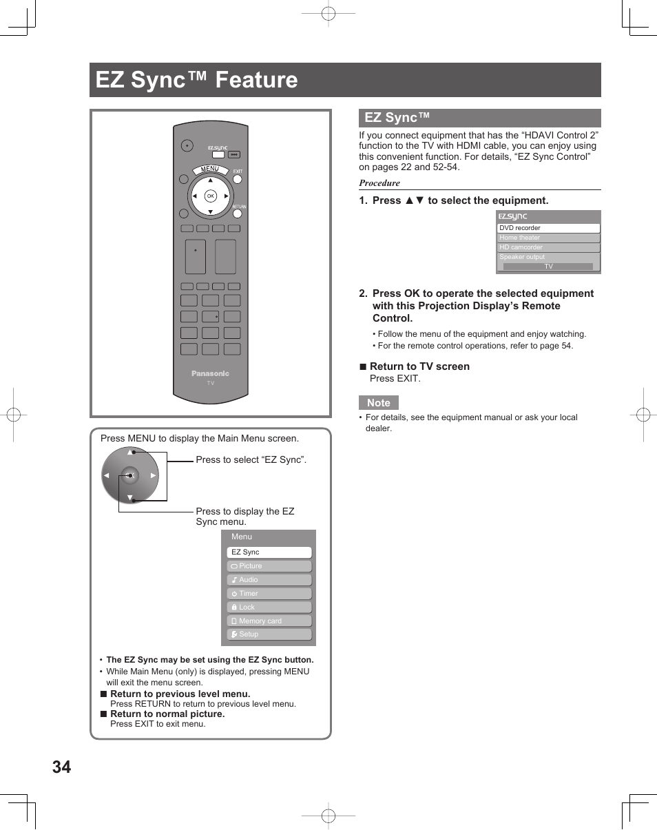 Ez sync™ feature, Ez sync | Panasonic LIFI PT-61LCX70 User Manual | Page 34 / 64