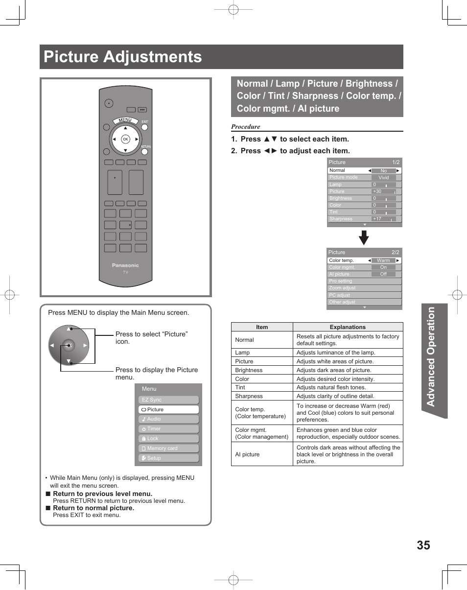 Picture adjustments, Advanced op er a tion | Panasonic LIFI PT-61LCX70 User Manual | Page 35 / 64