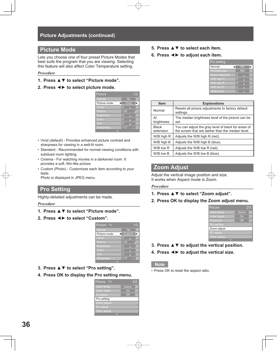 Picture mode, Pro setting, Zoom adjust | Picture adjustments (continued) | Panasonic LIFI PT-61LCX70 User Manual | Page 36 / 64