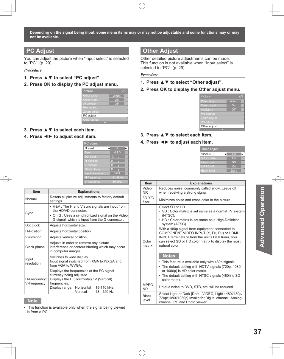 Advanced op er a tion, Pc adjust, Other adjust | Panasonic LIFI PT-61LCX70 User Manual | Page 37 / 64