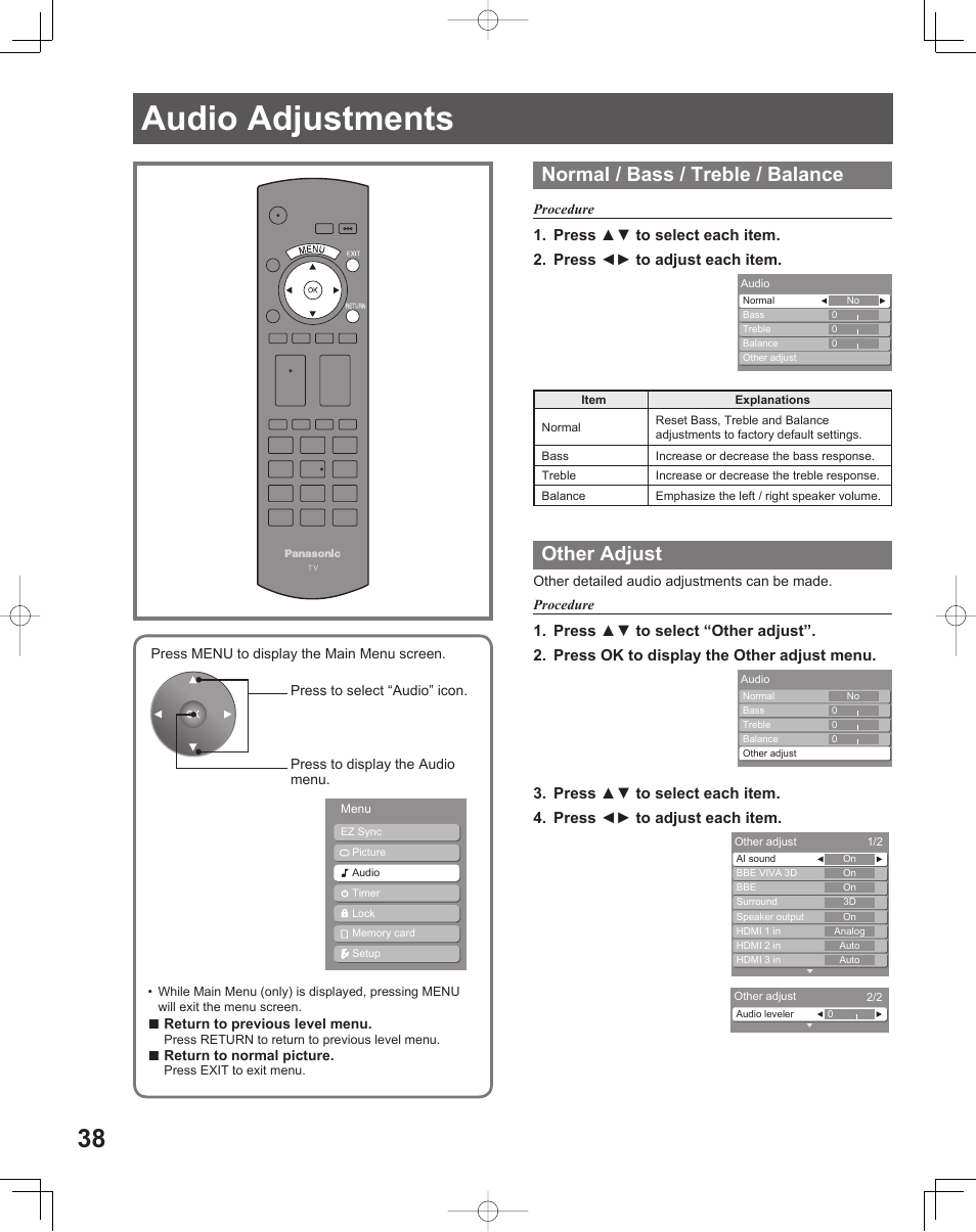 Audio ad just ments, Normal / bass / treble / balance, Other adjust | Panasonic LIFI PT-61LCX70 User Manual | Page 38 / 64