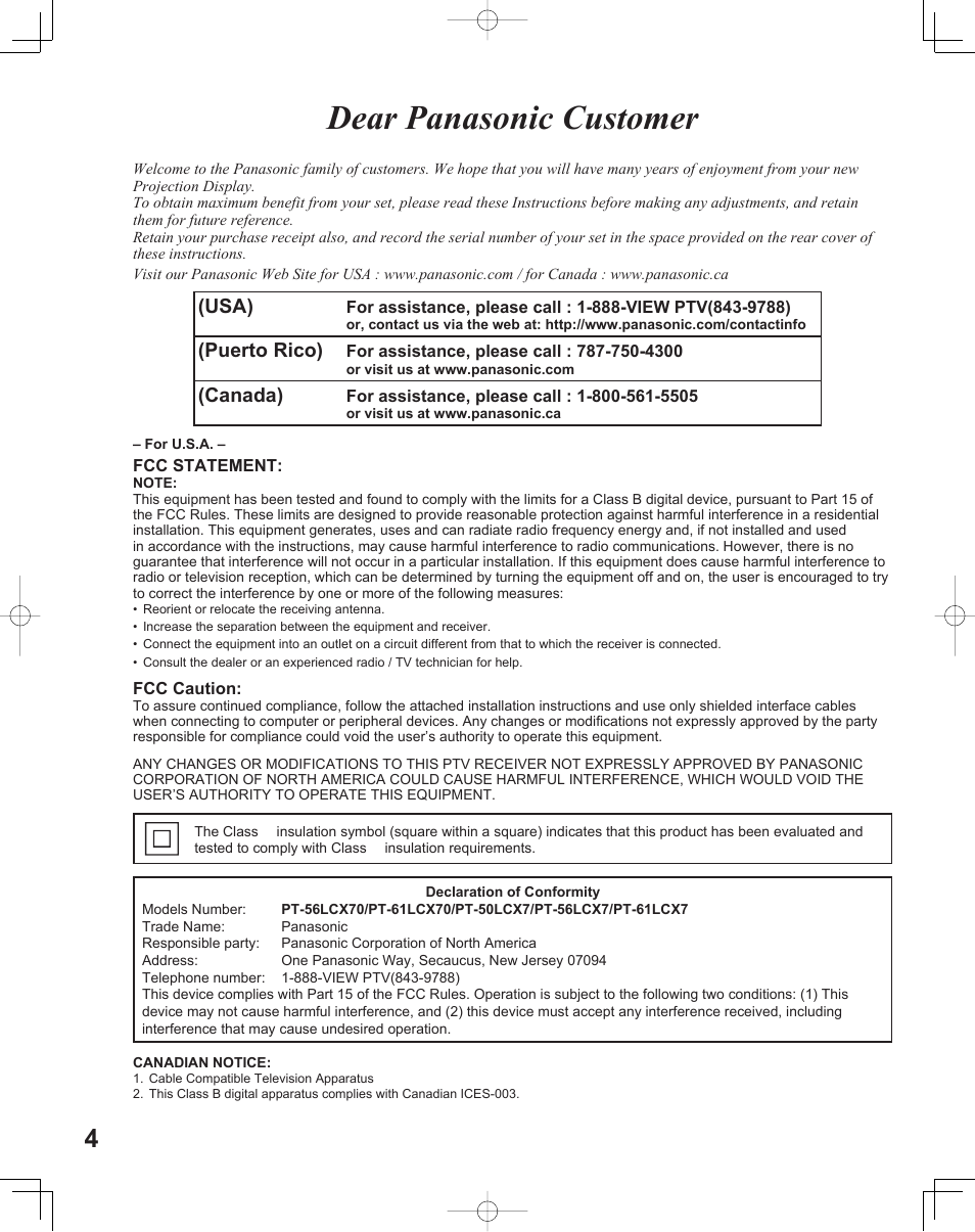 Dear panasonic customer, Usa), Puerto rico) | Canada) | Panasonic LIFI PT-61LCX70 User Manual | Page 4 / 64