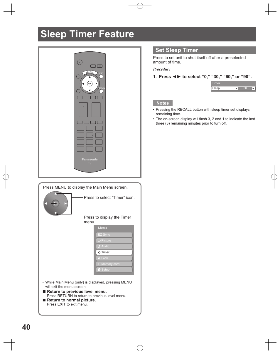 Sleep timer feature, Set sleep timer | Panasonic LIFI PT-61LCX70 User Manual | Page 40 / 64