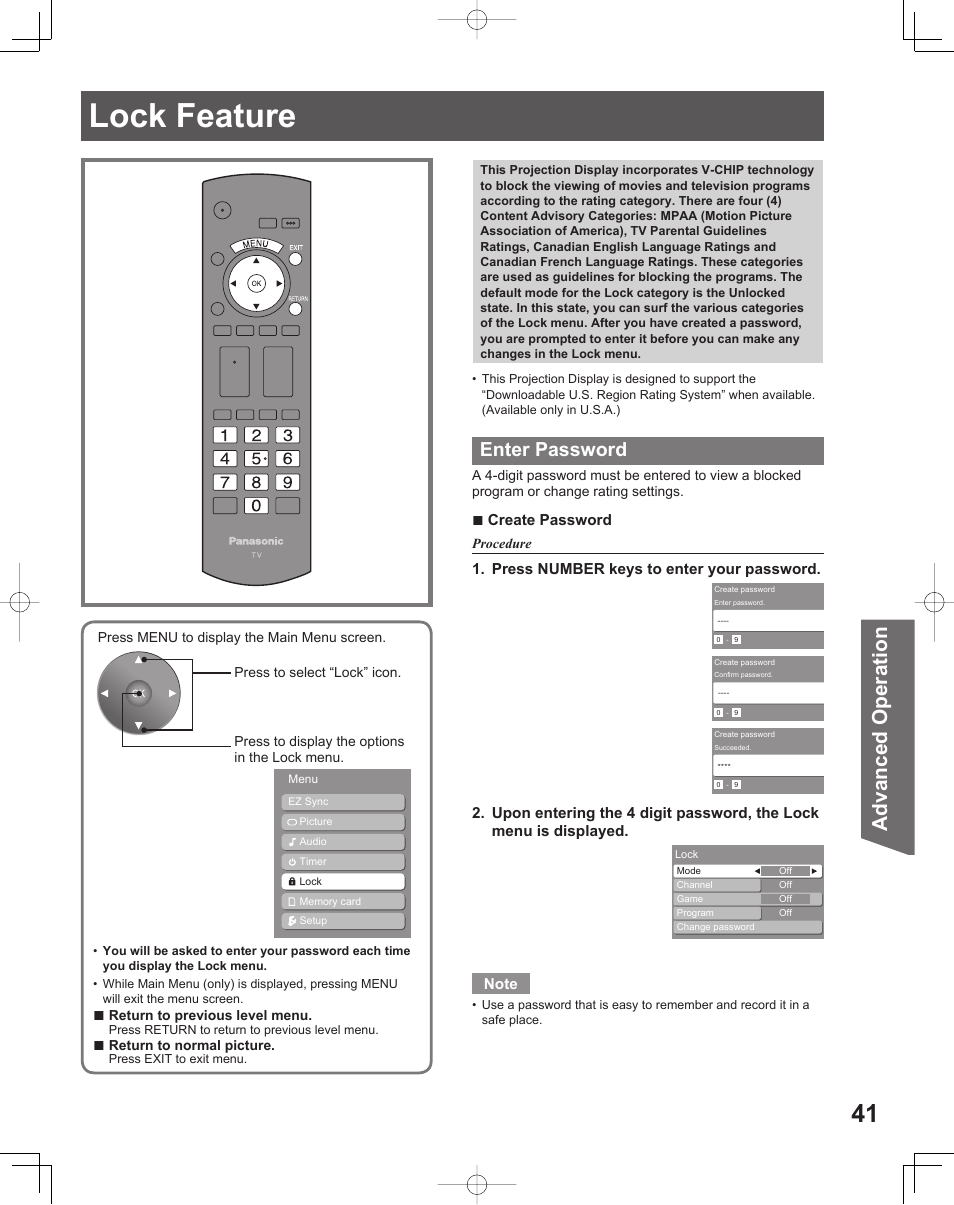 Lock feature, Advanced op er a tion, Enter password | Create password | Panasonic LIFI PT-61LCX70 User Manual | Page 41 / 64