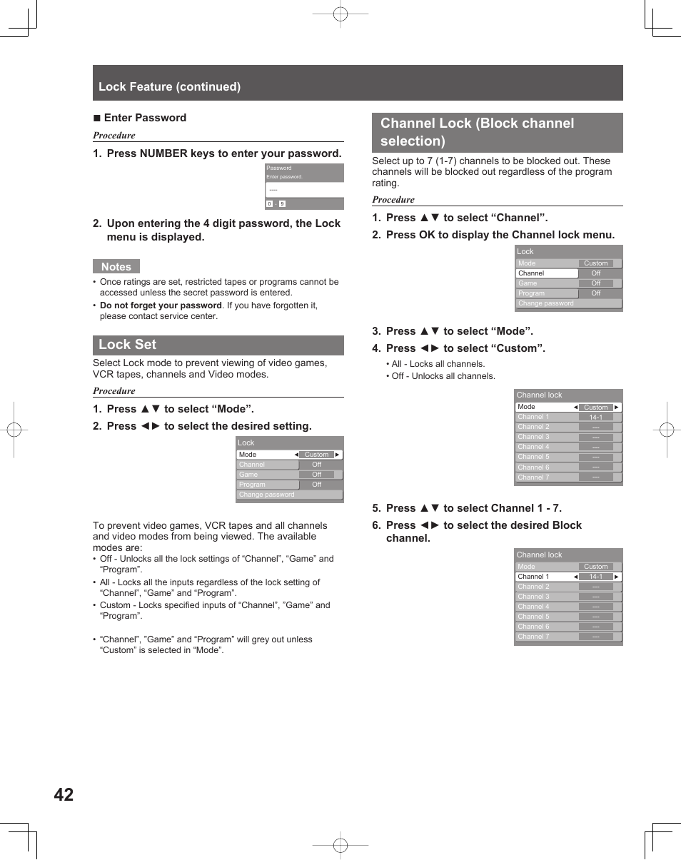 Lock set, Channel lock (block channel selection), Lock feature (continued) | Enter password | Panasonic LIFI PT-61LCX70 User Manual | Page 42 / 64