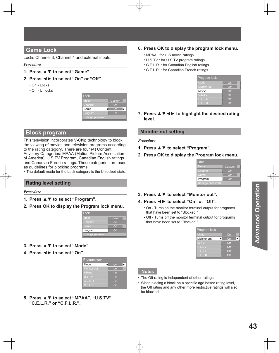 Advanced op er a tion, Game lock, Block program | Rating level setting, Monitor out setting, Press ok to display the program lock menu, Press ▲▼◄► to highlight the desired rating level | Panasonic LIFI PT-61LCX70 User Manual | Page 43 / 64