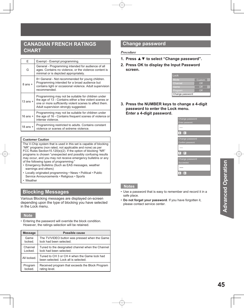 Advanced op er a tion, Canadian french ratings chart blocking messages, Change password | Panasonic LIFI PT-61LCX70 User Manual | Page 45 / 64