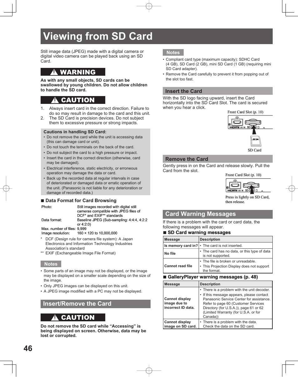 Viewing from sd card, Warning, Warning caution caution | Caution, Card warning messages, Insert/remove the card | Panasonic LIFI PT-61LCX70 User Manual | Page 46 / 64